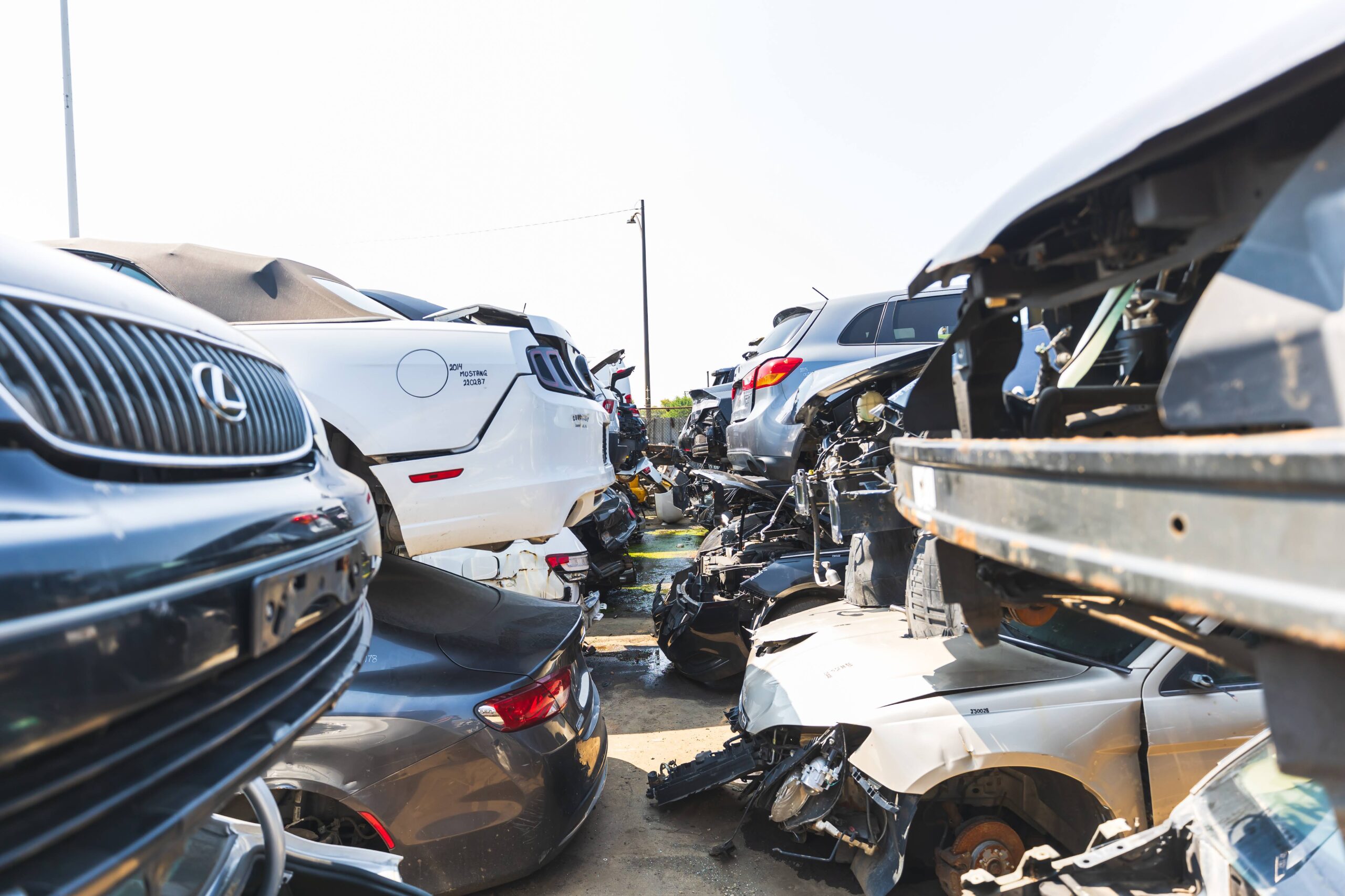 Used auto body parts including doors, hoods, and fenders